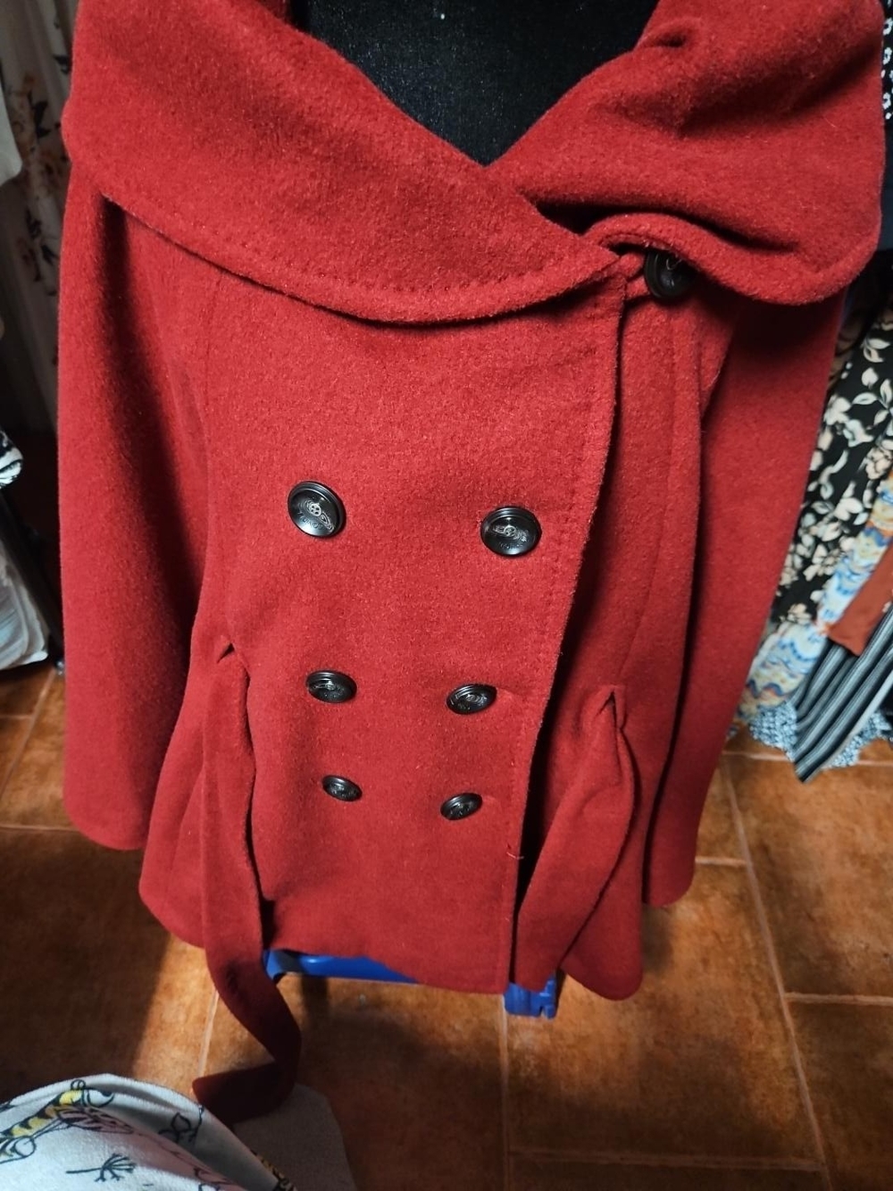 Calvin Klein Crimson Red Wool Blend Belted Double Breasted Cape Coat S/M - Picture 2 of 13